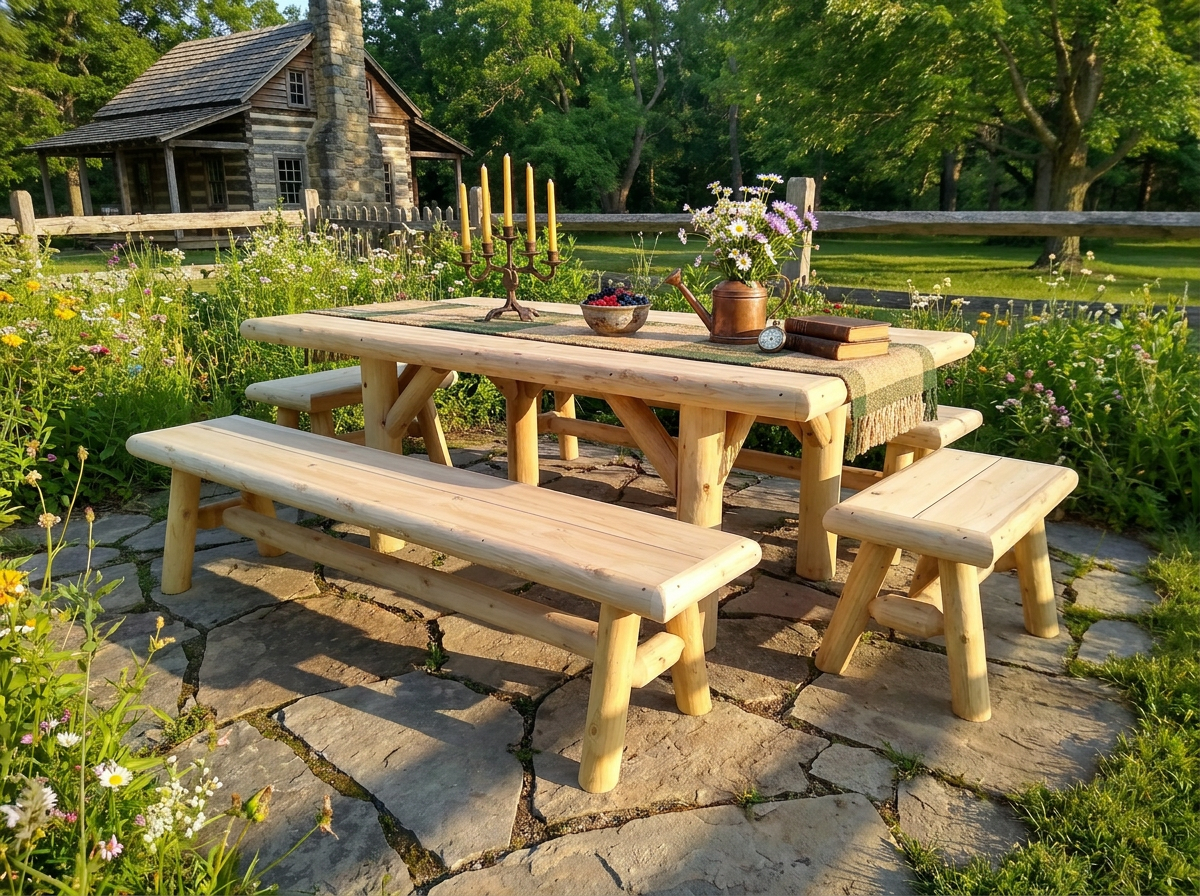 Wooden outdoor picnic table with two benches and potted flowers on tabletop