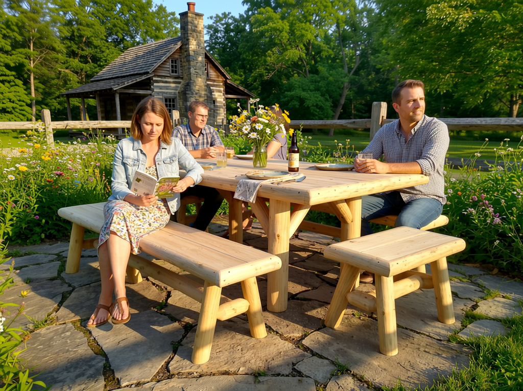 Wooden picnic table set with two benches, flowers centerpiece in sunny garden