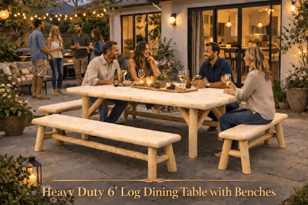 Outdoor picnic table with benches, natural light wood, string lights along patio