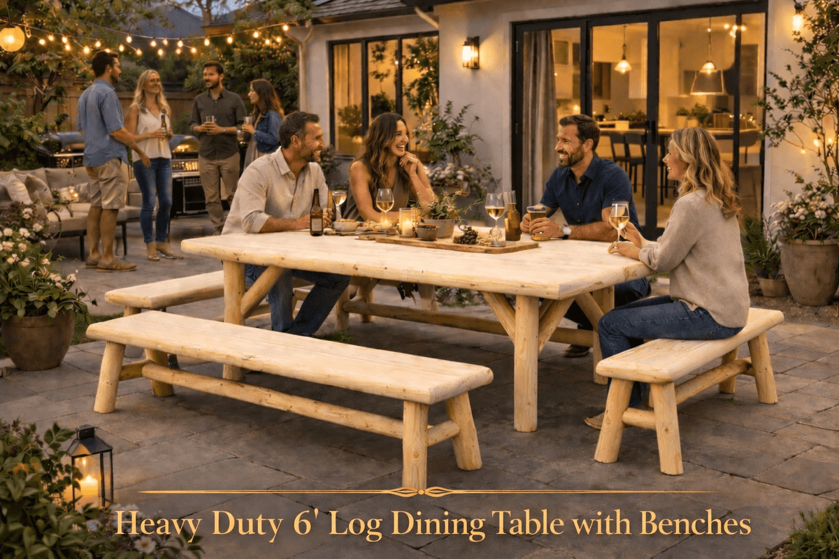 Outdoor picnic table with benches, natural light wood, string lights along patio
