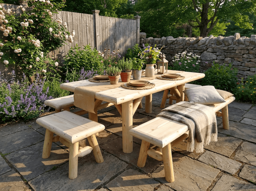 Rustic outdoor picnic table with two benches and light wood tabletop, slatted seats