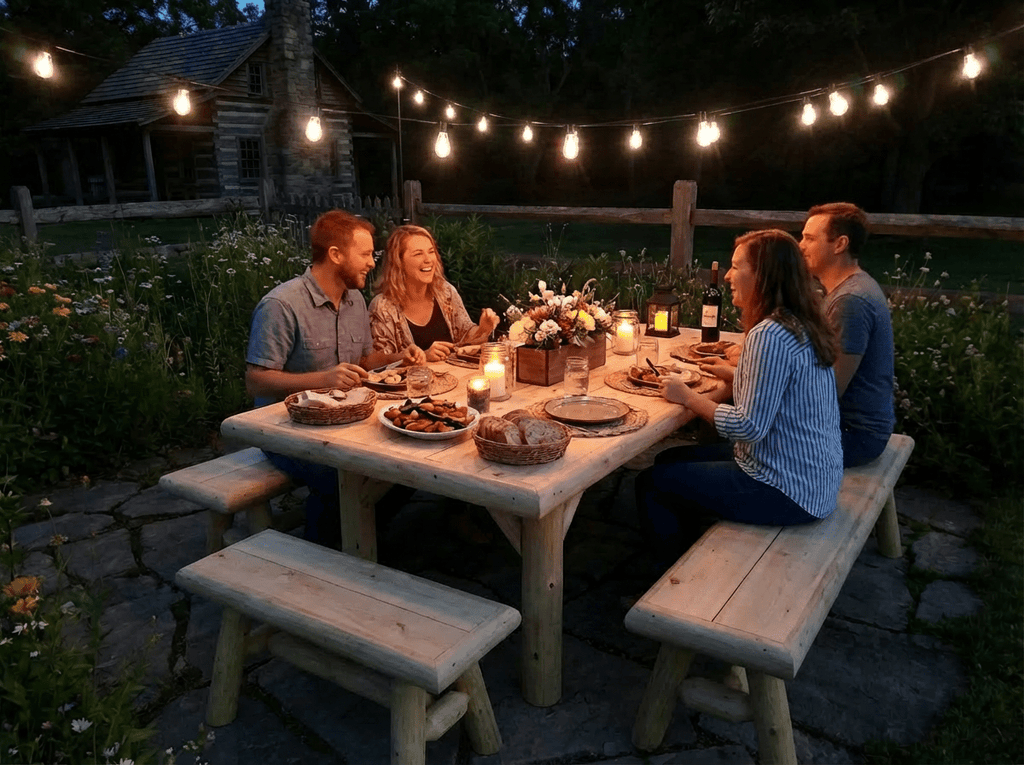 Wooden picnic table with built-in benches, set for outdoor dinner at night