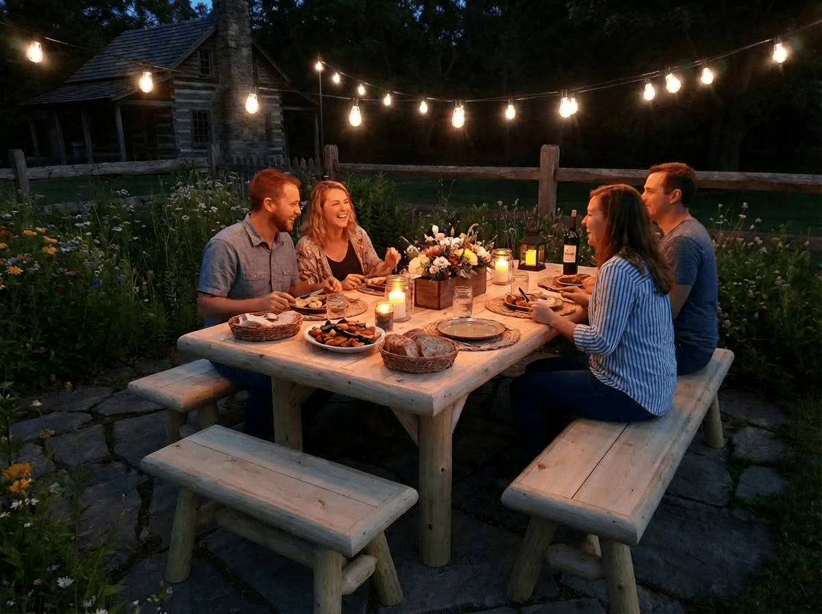 Wooden picnic table with built-in benches, set for outdoor dinner at night