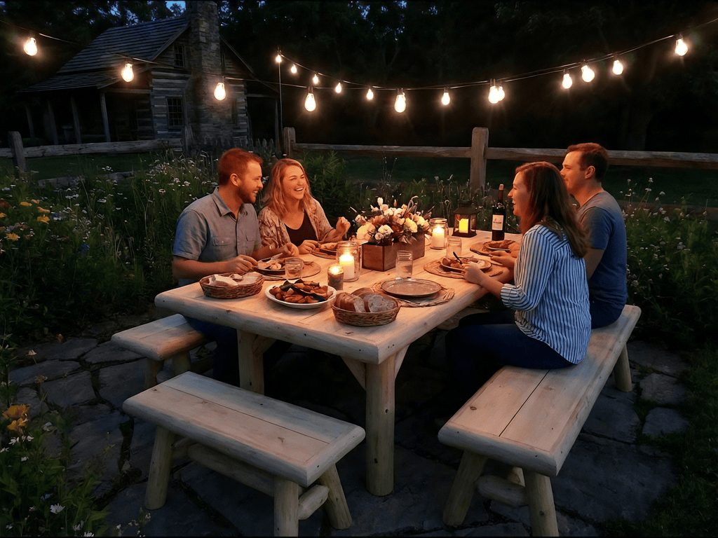 Wooden picnic table set with benches, dinnerware and flowers on top
