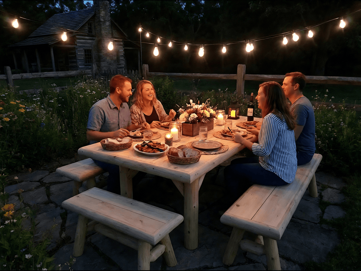 Wooden picnic table set with benches, dinnerware and flowers on top