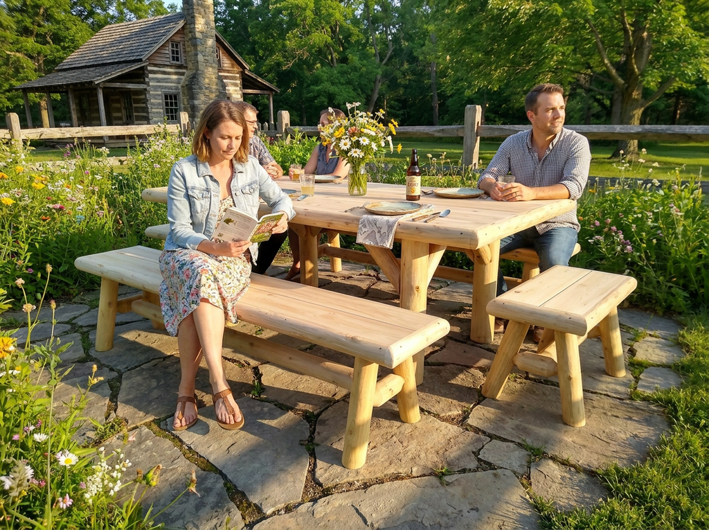 Outdoor picnic table with attached bench and second bench, natural light wood outdoors