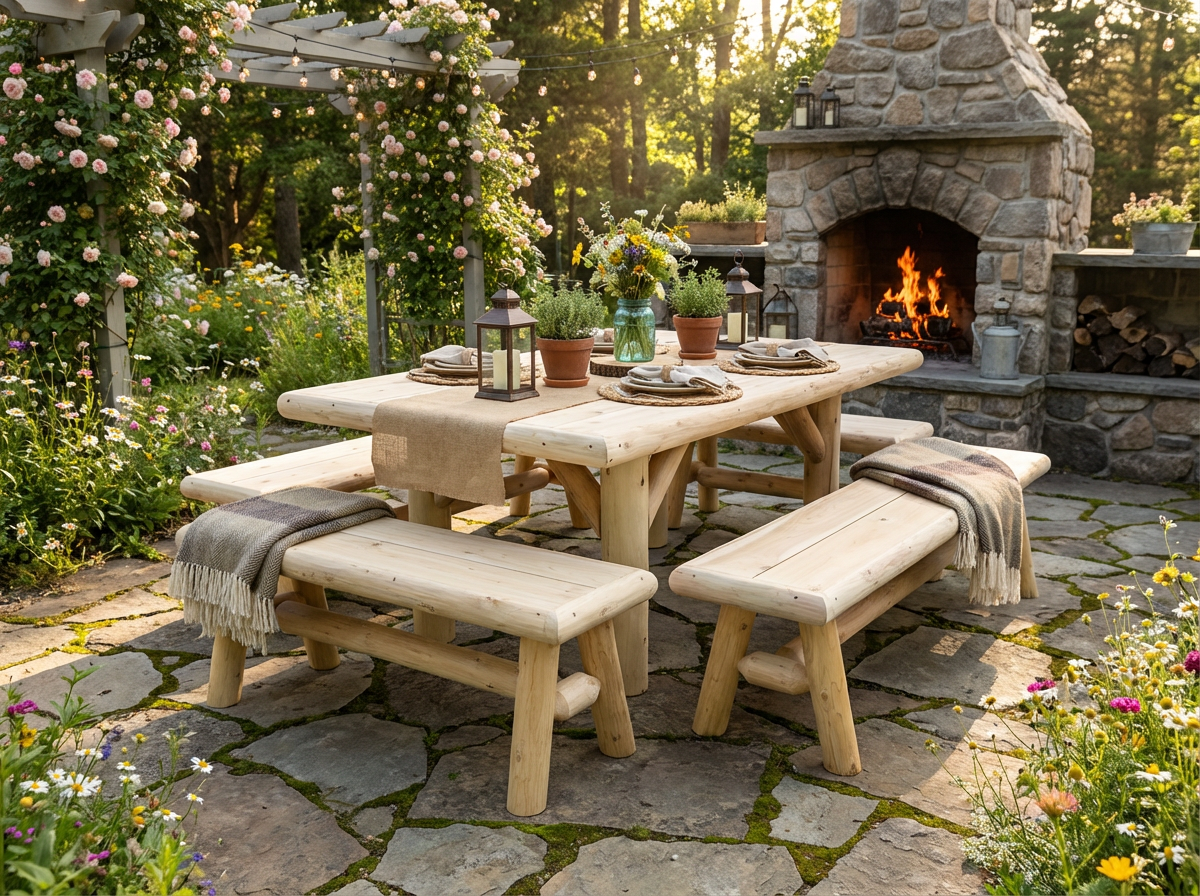 Outdoor picnic table with two benches in natural light wood, set on stone patio