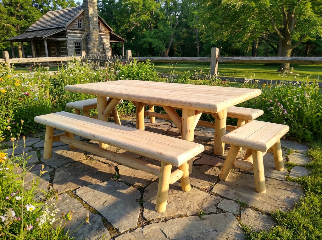 Rustic outdoor picnic table with attached bench and long tabletop, natural light wood