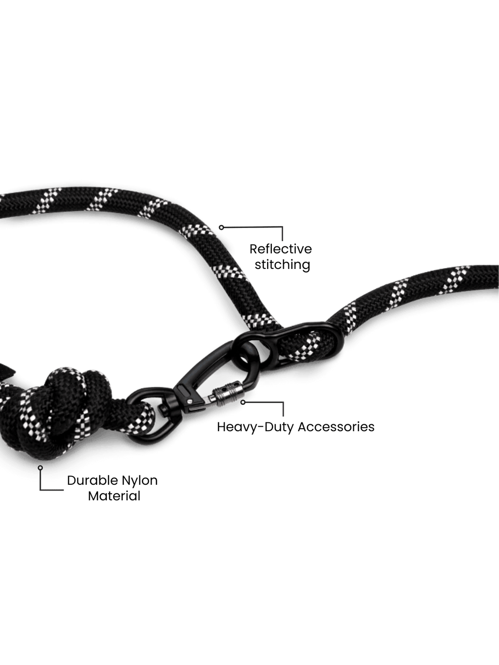 Hands-free dog leash close-up of durable clasp with braided black-and-white rope