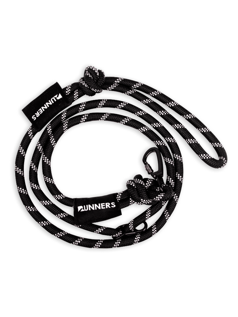 Hands-free dog leash with black checkered braided rope and carabiner clip