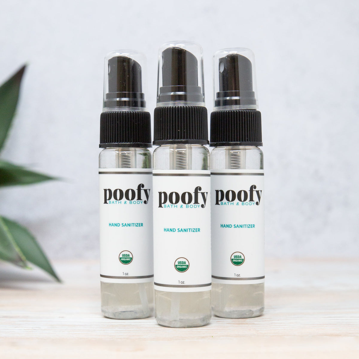 Poofy Bath & Body travel hand sanitizer 3-pack, 1 oz bottles with black mist caps