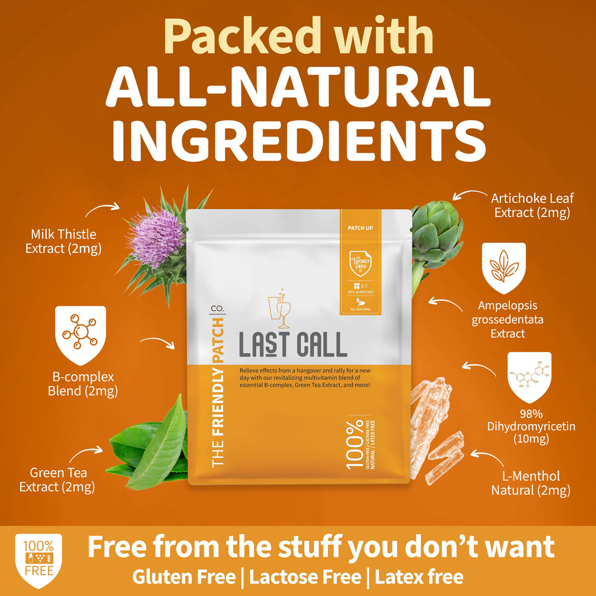 Patch pack with all-natural ingredient callouts and small pouch image