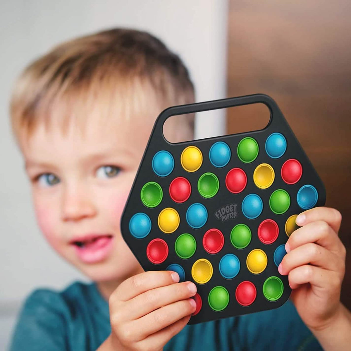Hard shell pop-it fidget board with carrying handle, multicolor round pop bubbles
