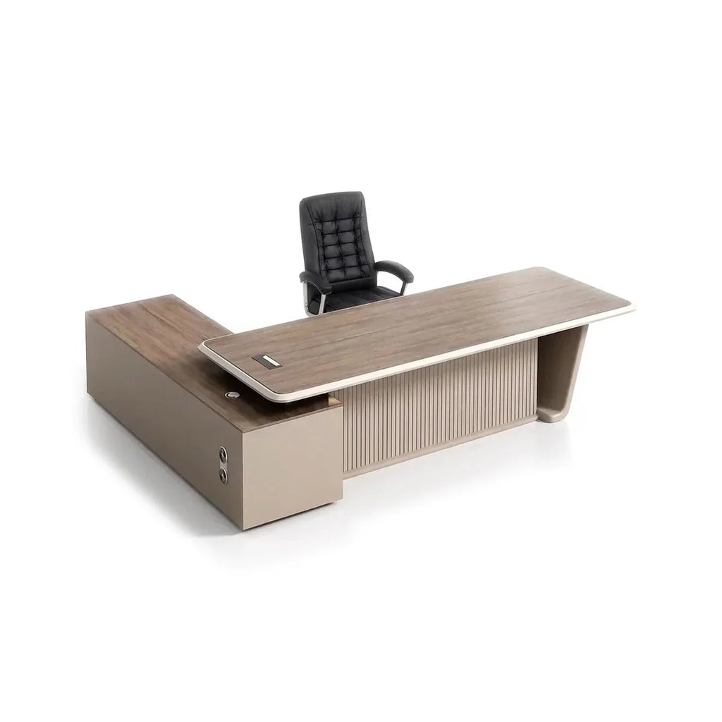 L-shaped executive desk with walnut veneer top, built-in storage return and cable grommet