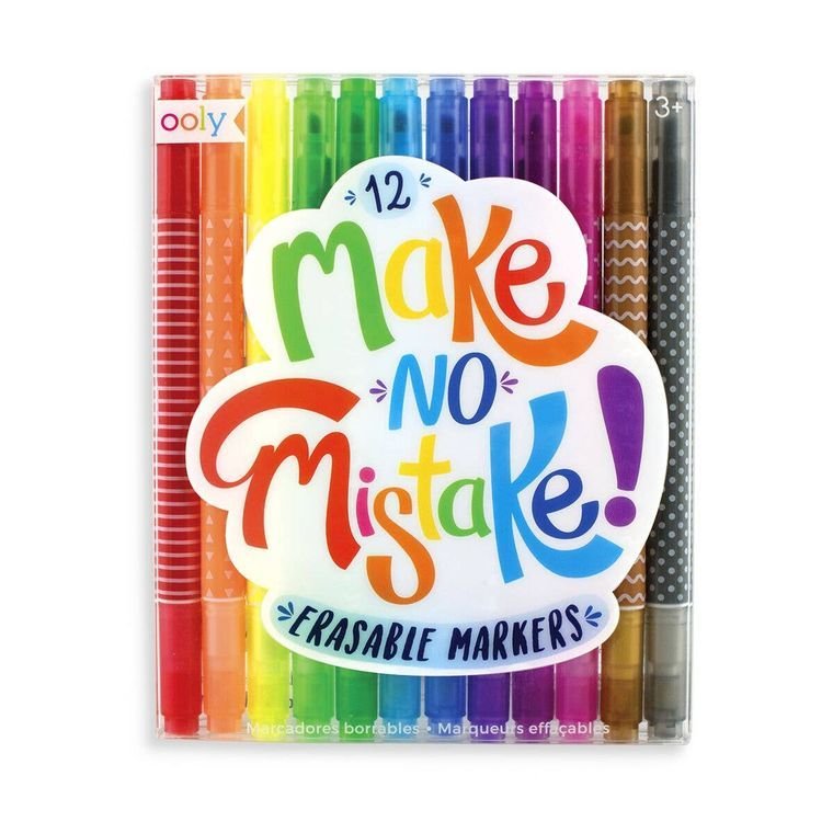 Erasable marker set, 12 assorted tip colors in clear plastic case