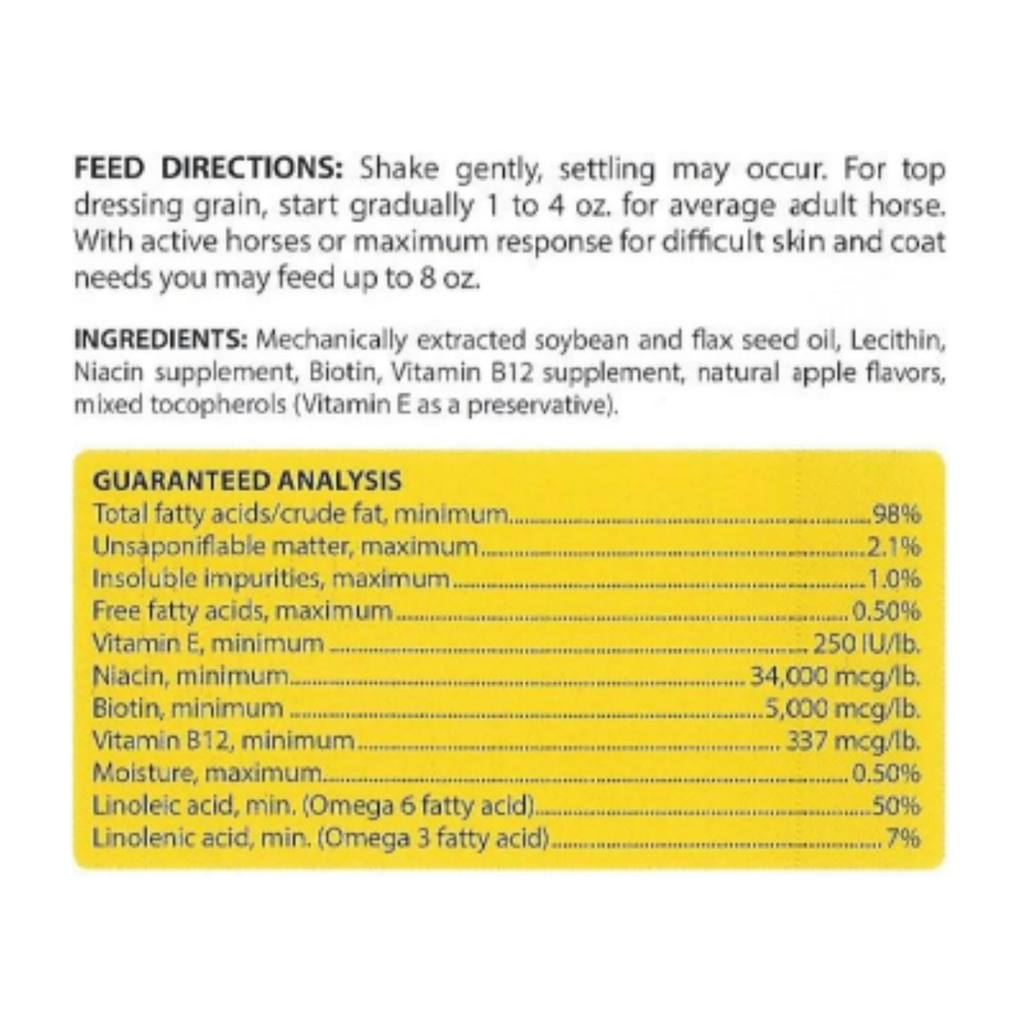 Guaranteed analysis and ingredients label for apple-flavored horse feed top dressing