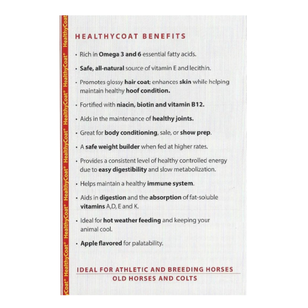 HealthyCoat benefits label panel for apple-flavored horse feed top dressing