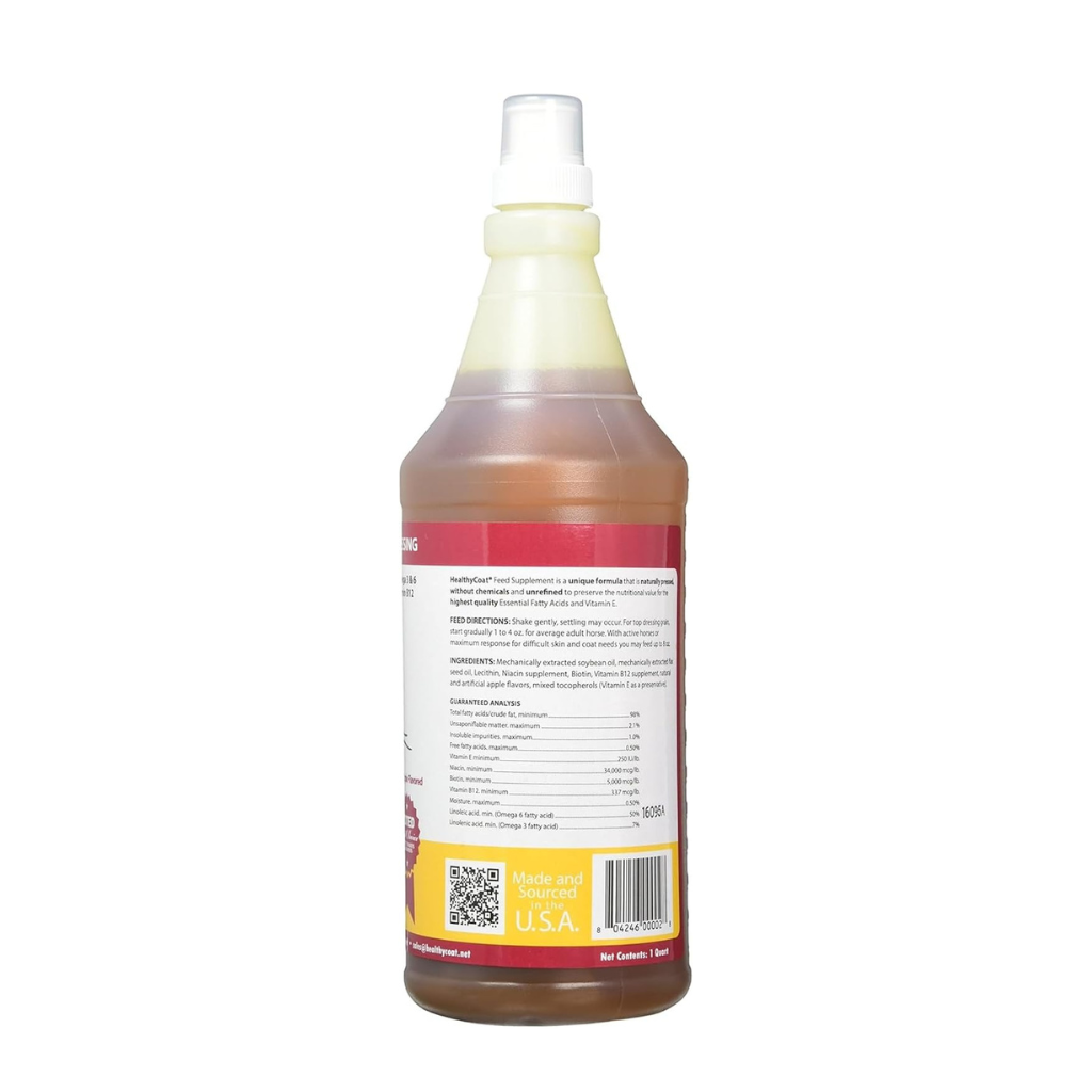 Apple-flavored horse feed top dressing bottle, back label and ingredients panel view