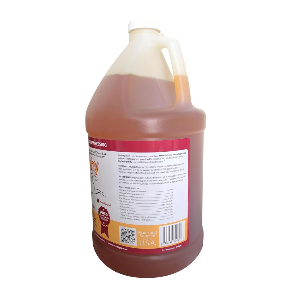 Apple-flavored horse feed top dressing bottle with back label and handle