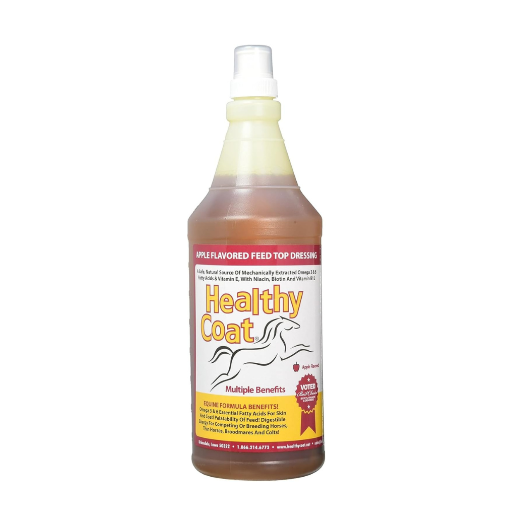 Apple-flavored horse feed top dressing bottle with brown liquid and spray cap