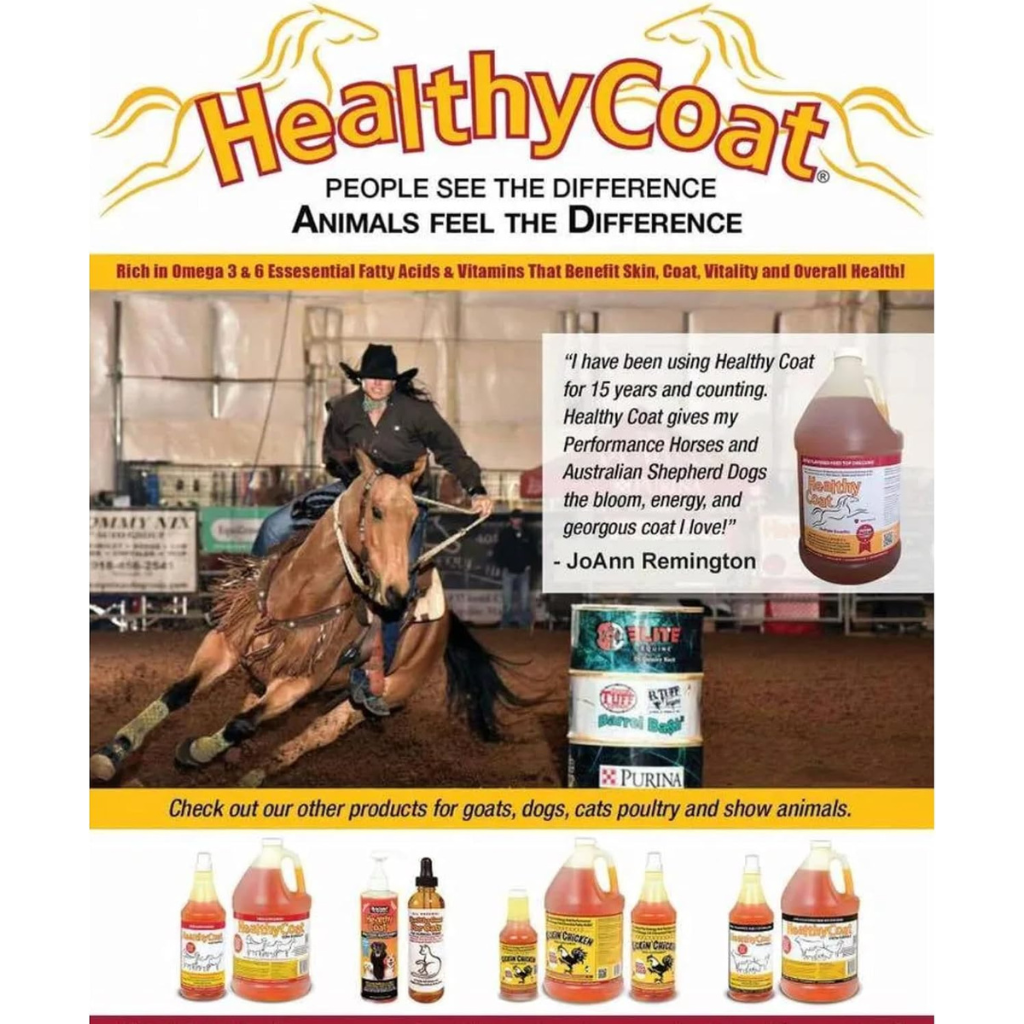 HealthyCoat promotional label card with horse imagery and product bottle