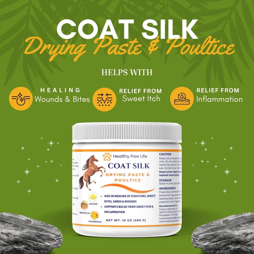 White jar of Coat Silk drying paste & poultice with front label and benefits icons