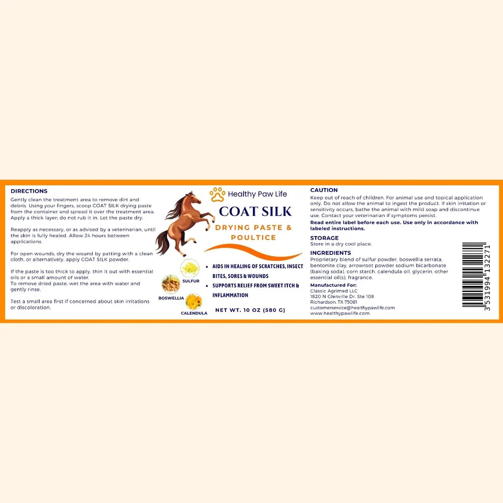 Back label of coat silk drying paste jar with directions and caution text