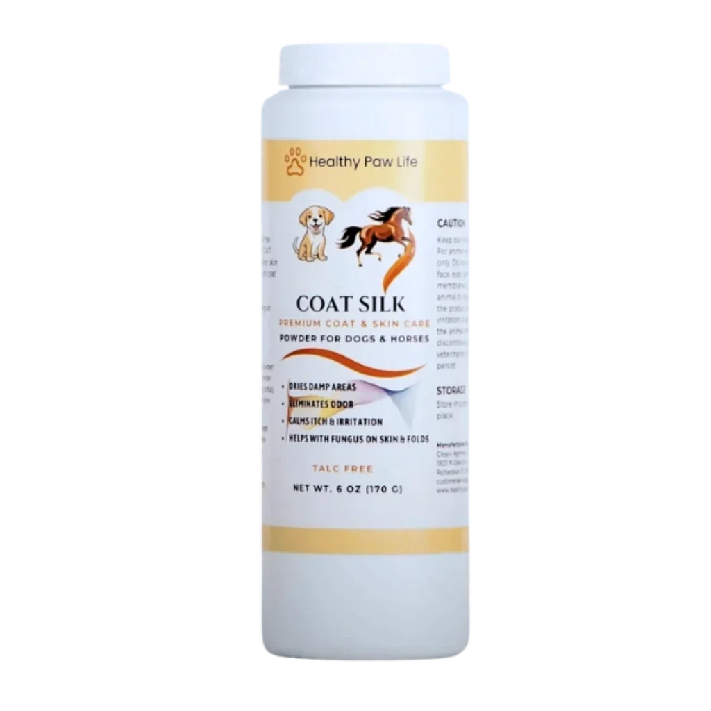 Coat silk powder jar for dogs and horses, light blue bottle with front label