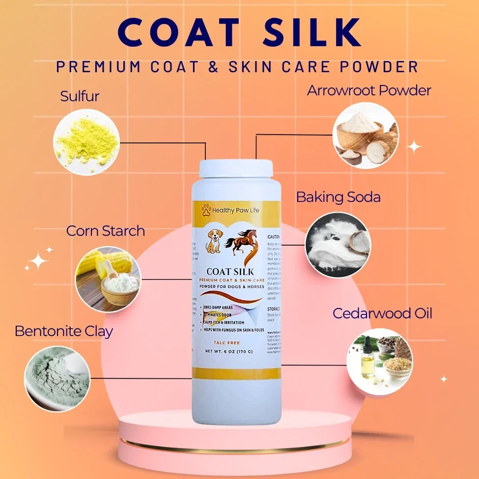 Coat silk powder jar with ingredient icons, light blue bottle and yellow band