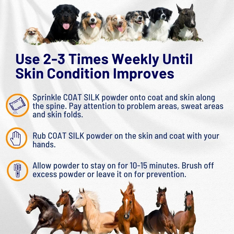 Coat silk powder usage guide with dogs and horses, printed directions text