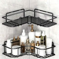 Black triangle wall-mounted shower caddy rack with two corner tiers and wire basket shelves.