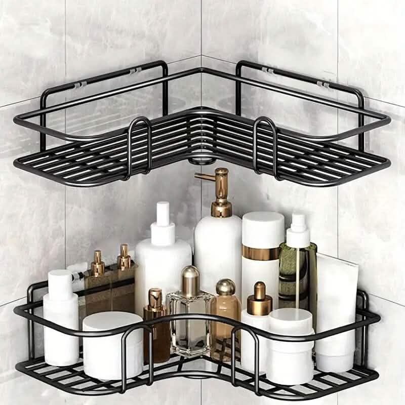 Black triangle wall-mounted shower caddy rack with two corner tiers and wire basket shelves.