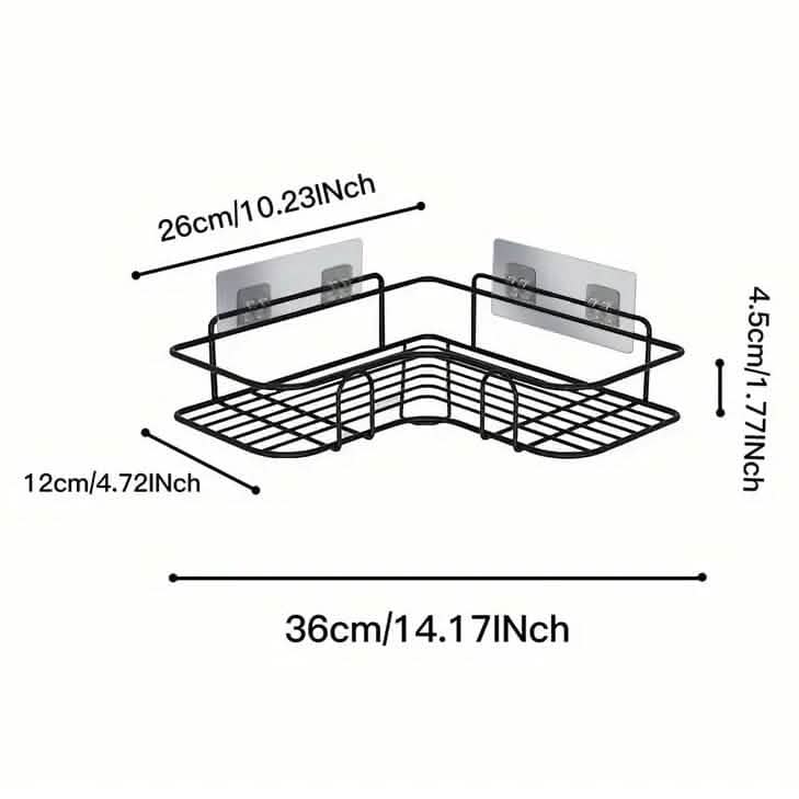 Black triangle wall-mounted shower caddy rack with two tiers and visible size measurements.