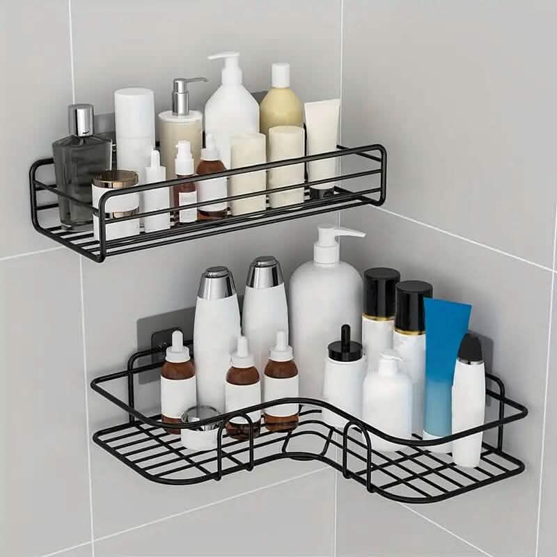 Black triangle wall-mounted shower caddy rack with top and bottom corner shelves for toiletries.