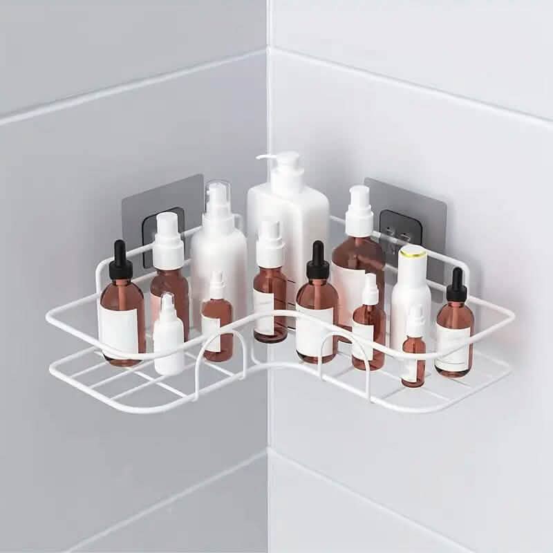 White triangle wall-mounted shower caddy rack with two corner tiers for bottles and pump soaps.