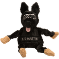 Large black plush German shepherd dog toy with tan paws, pink tongue, and K-9 MATTIS shirt