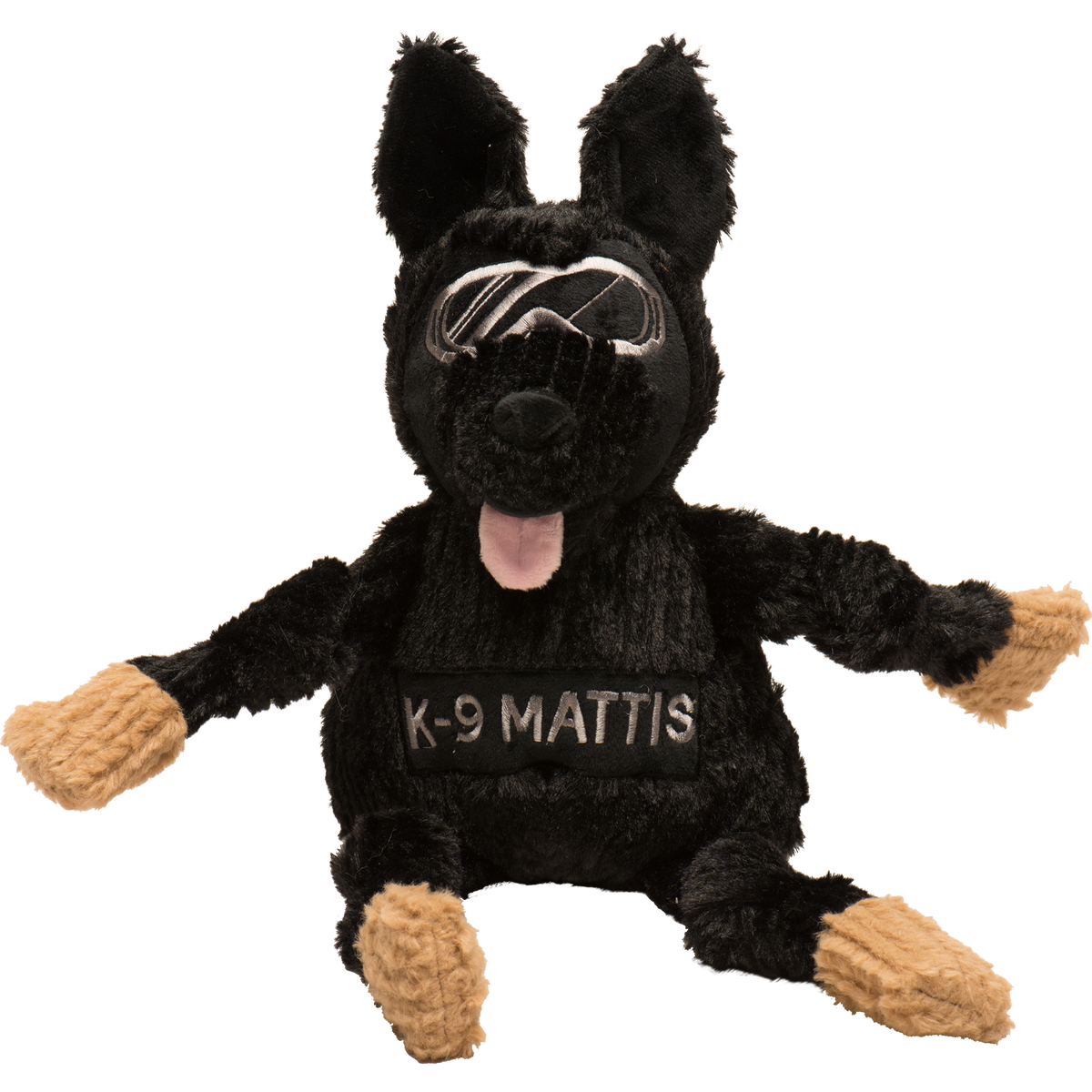 Large black plush German shepherd dog toy with tan paws, pink tongue, and K-9 MATTIS shirt