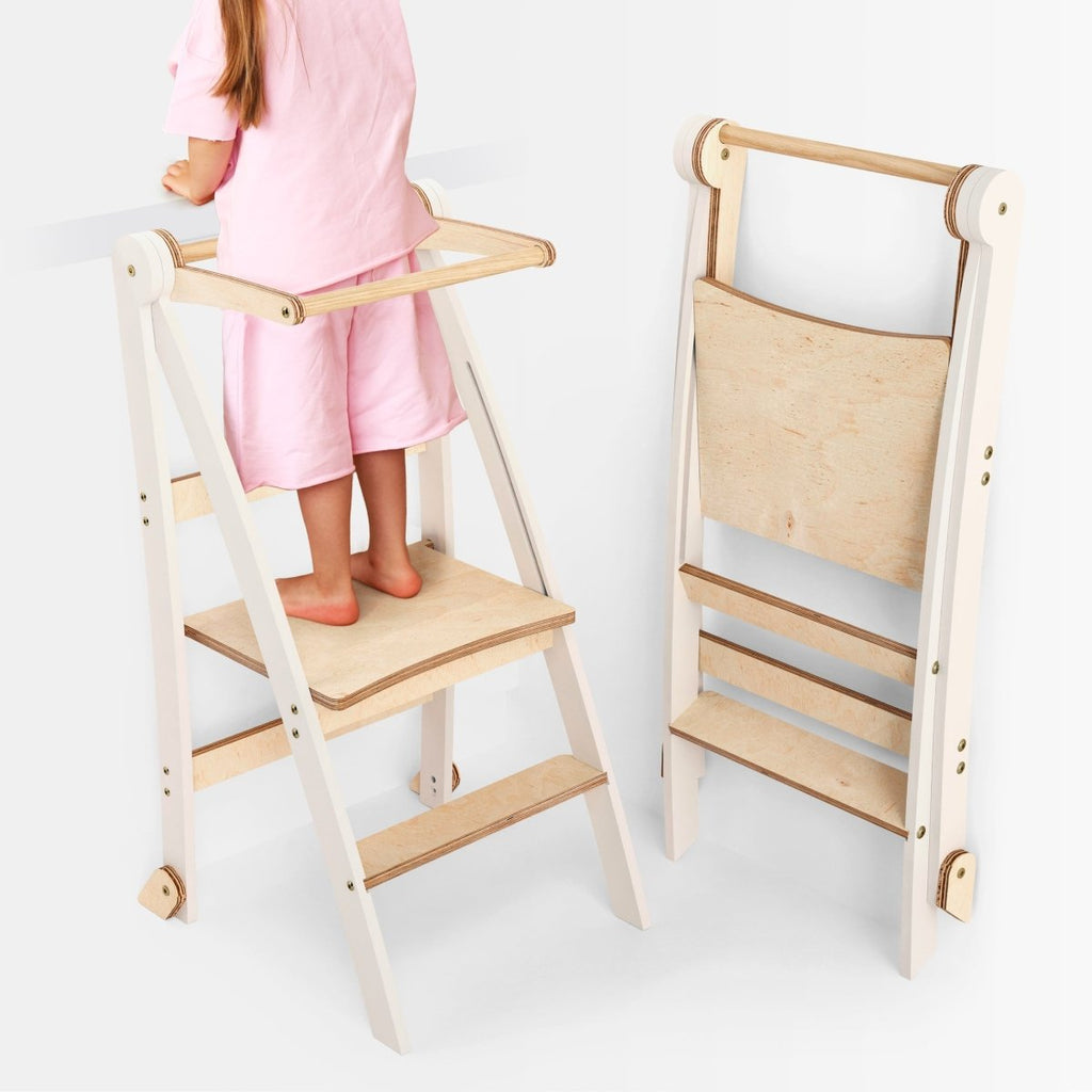 Kids foldable step stool with light wood steps and white frame, toddler climbing