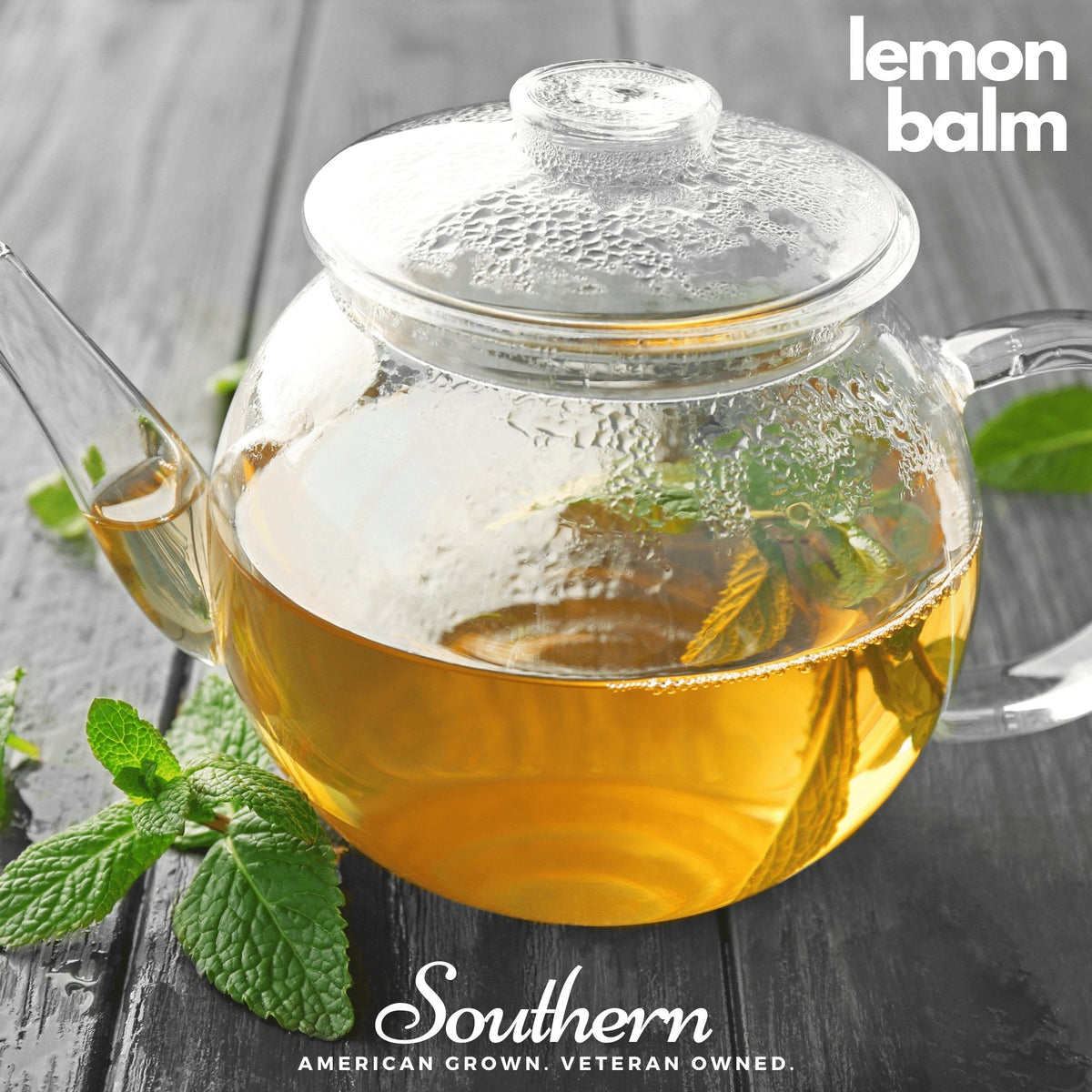 Herbal tea seed assortment with lemon balm tea in glass pot and mint leaves