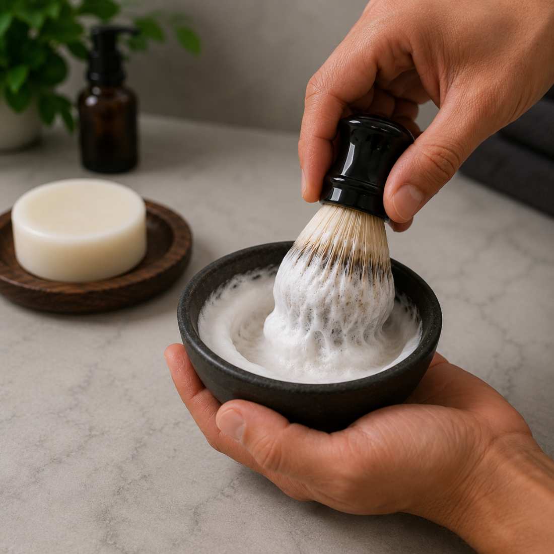 Tallow shave soap with brush lathering in dark bowl