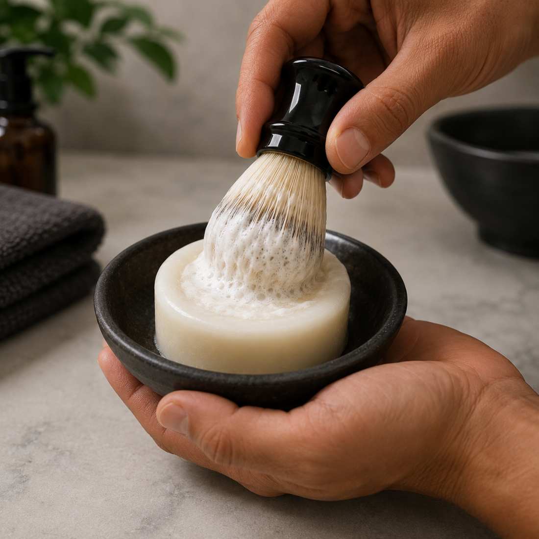 Shave brush with foam on top of tallow shave soap puck