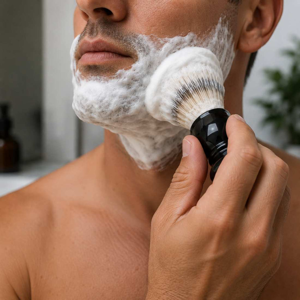 Bearded man shaving face with brush and white lather