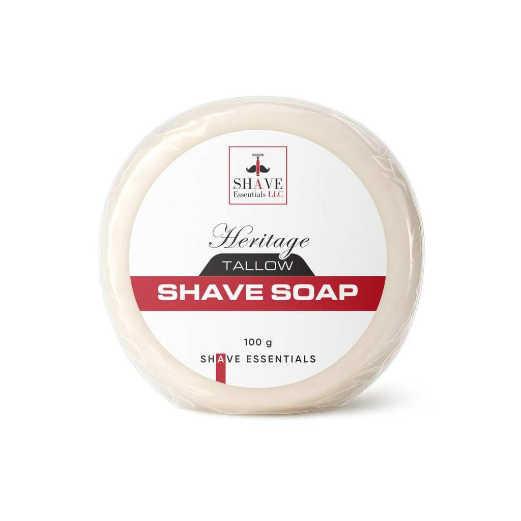 Shaving soap round puck in protective container, Heritage Tallow scent