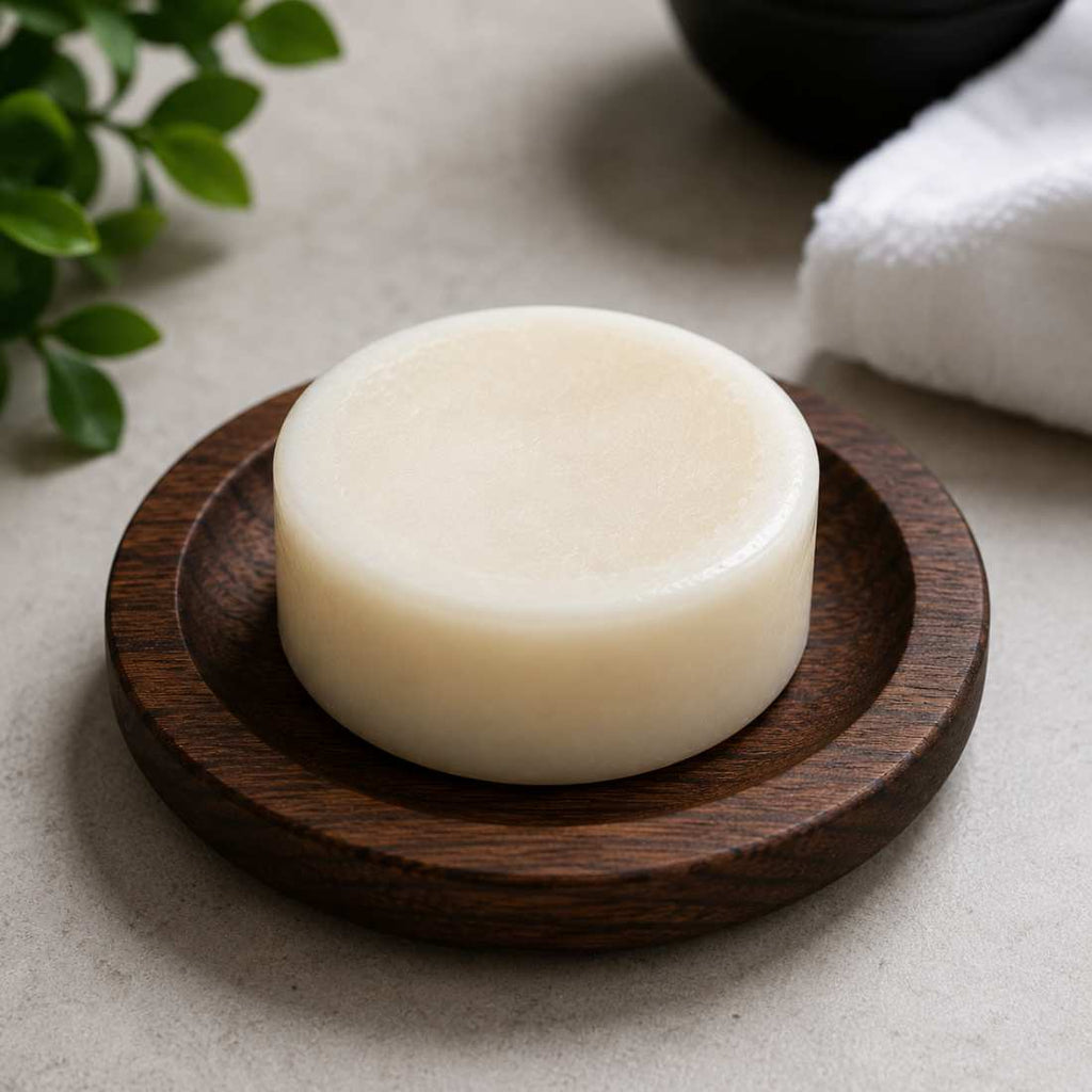 Tallow shave soap puck on dark wooden soap dish