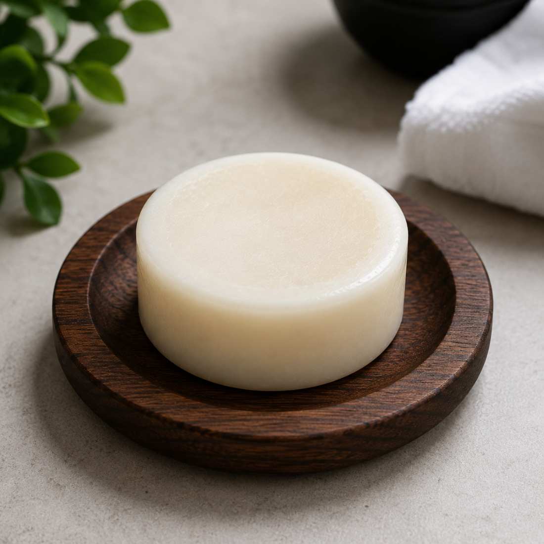 Tallow shave soap puck on dark wooden soap dish