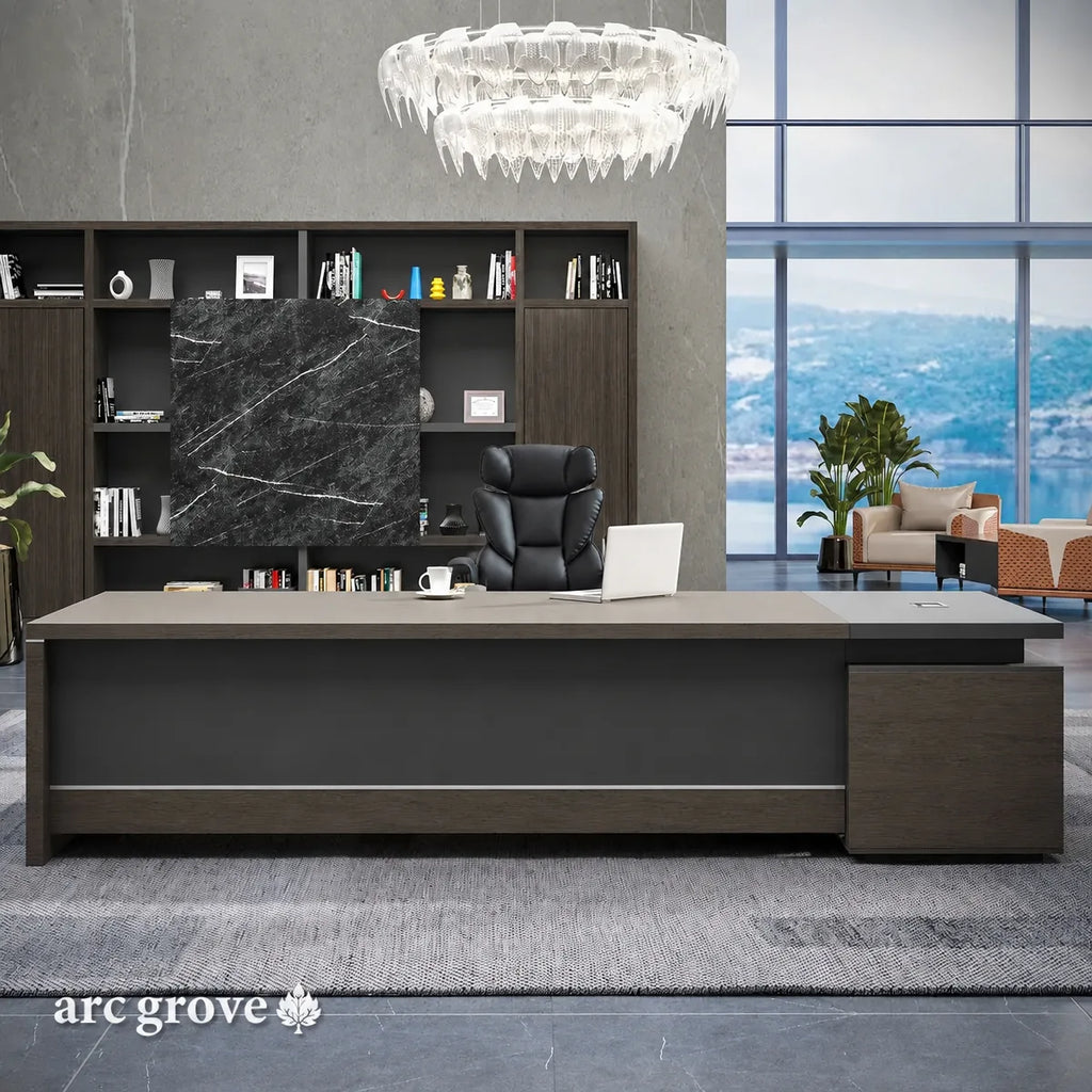 Modern executive desk with L-shape and open cubby, dark wood finish and drawers