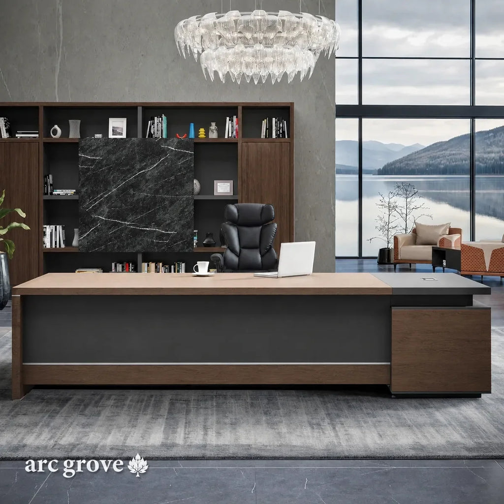 L-shaped executive desk with return, dark wood top, drawers, and open shelving