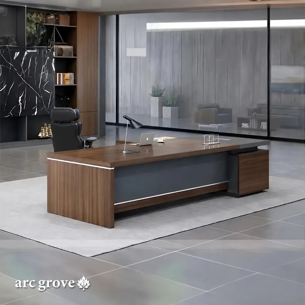 Dark oak executive desk with gray desktop and clean-lined corner return
