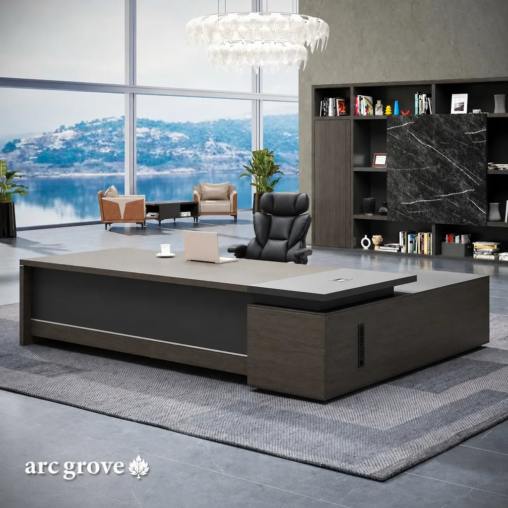 L-shaped executive desk with black work surface and front drawer pedestal