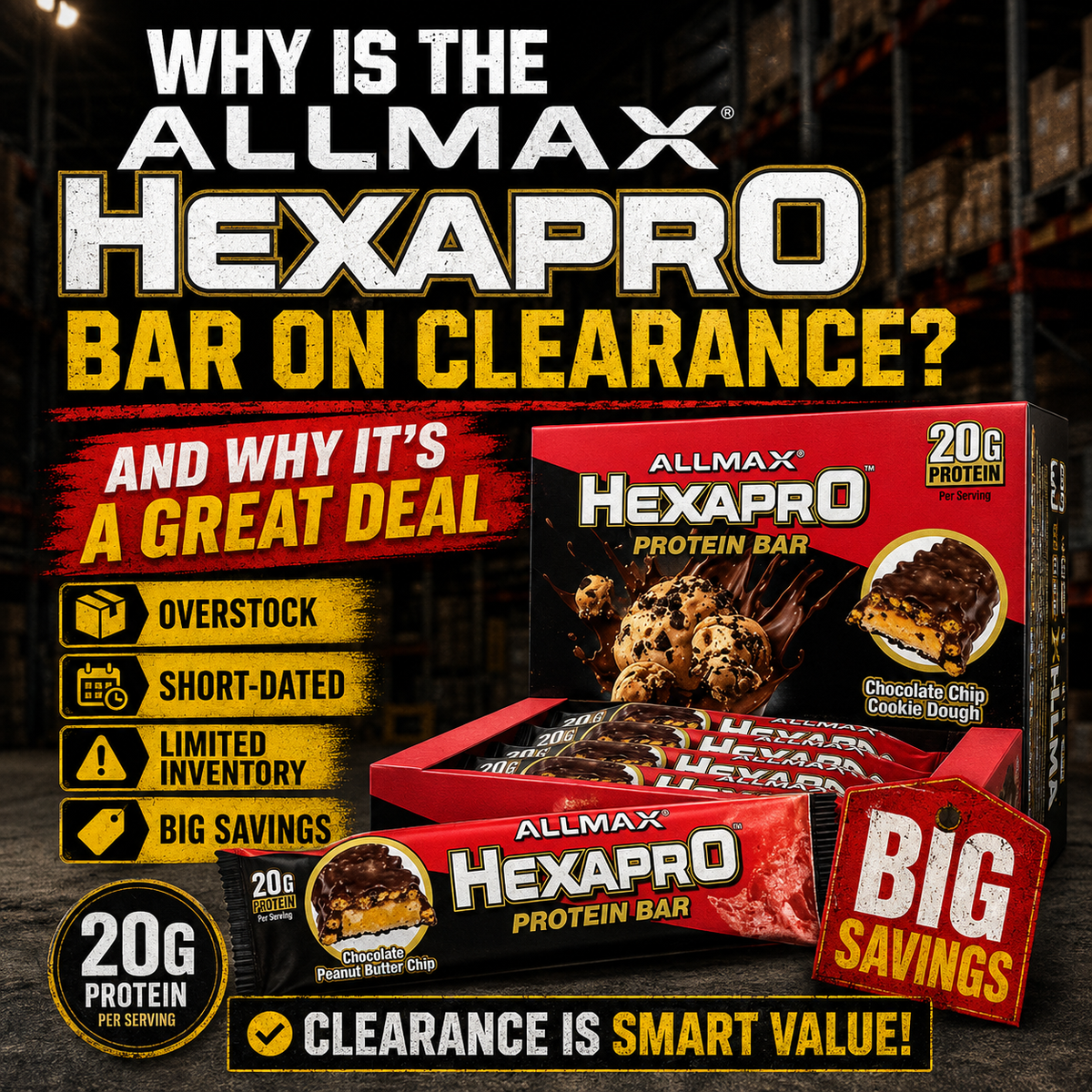 Allmax Hexapro protein bar clearance display with red box and multiple bars